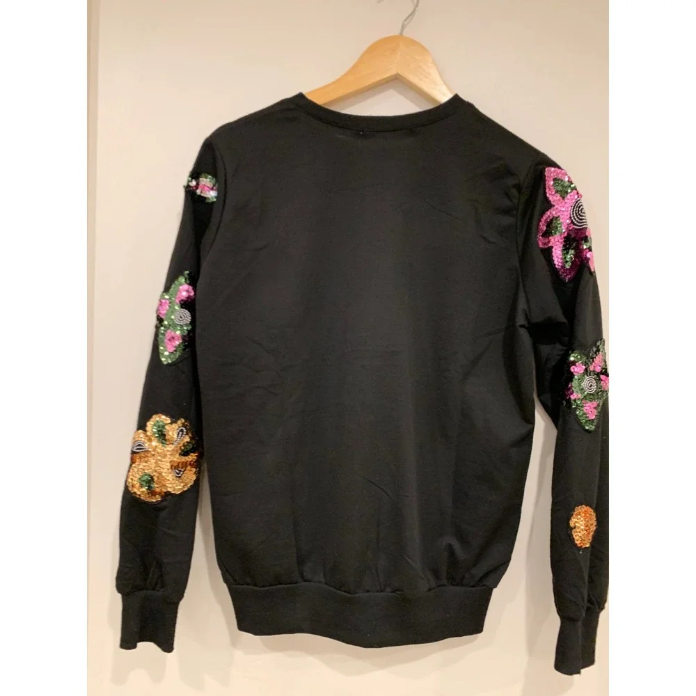 Y2K Sequin Floral Patchwork Sweatshirt S • Coquette Fairycore Black‎ Pullover